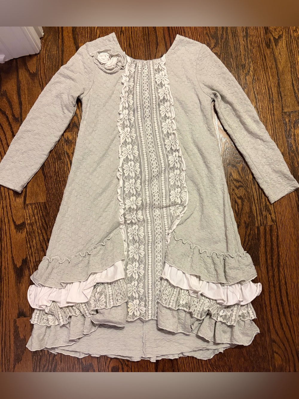Girls Size 8 Lace-Front Long Sleeve Layered Dress - Light Gray